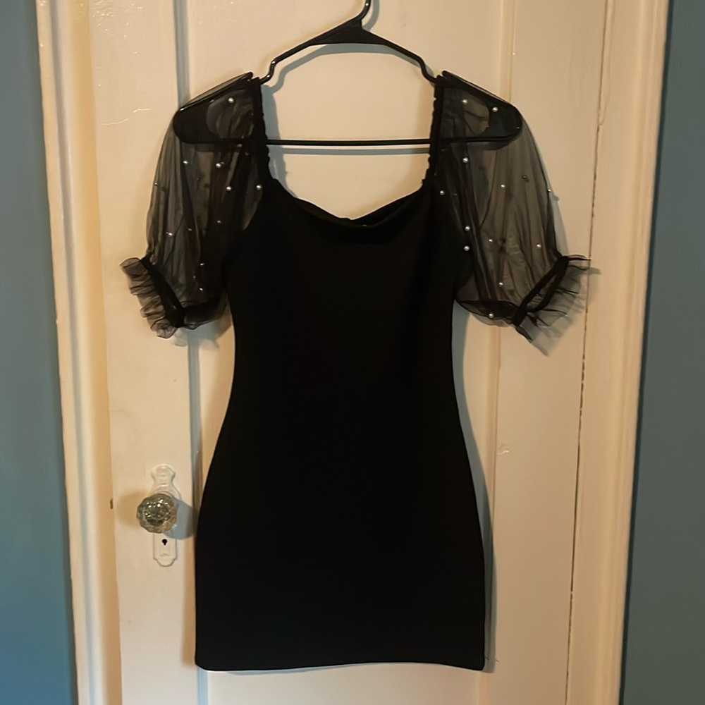 Thirty/Thirty Black Mini Dress with Sheer Puff Sleeves